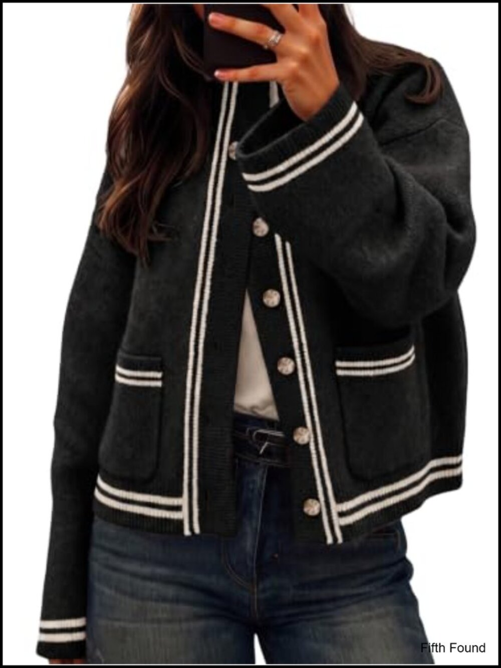 Womens Chunky Knit Cardigan Striped Trim Mock Neck Button Sweater